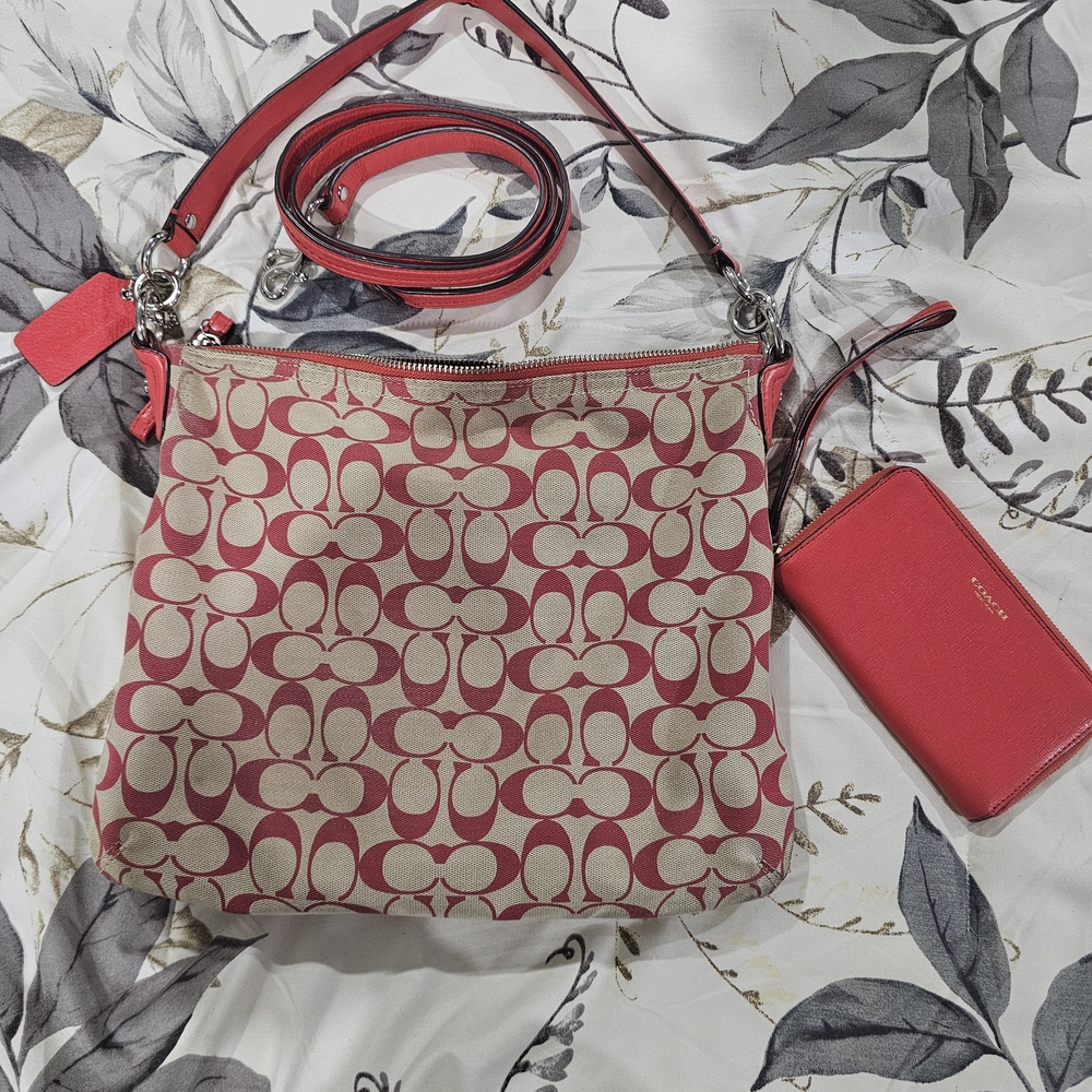 Coach Red and Tan Signature Shoulder Bag